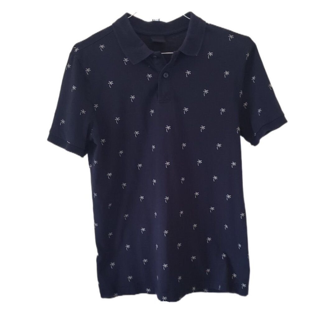 H&M Men's Navy Blue Palm Print Polo